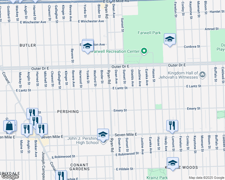 map of restaurants, bars, coffee shops, grocery stores, and more near 19455 Dean Avenue in Detroit