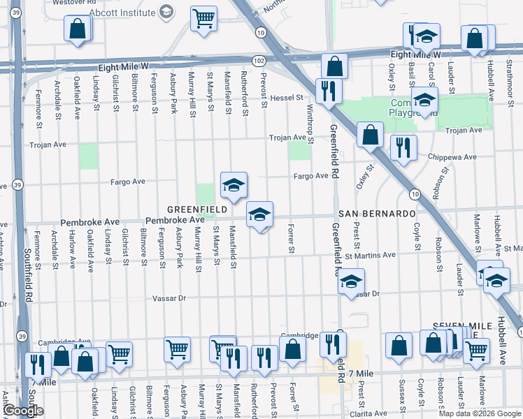 map of restaurants, bars, coffee shops, grocery stores, and more near 19919 Prevost Street in Detroit