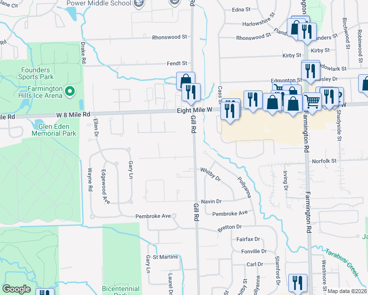 map of restaurants, bars, coffee shops, grocery stores, and more near 20375 Gill Road in Livonia