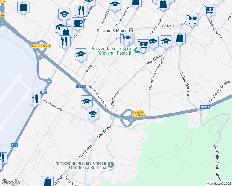 map of restaurants, bars, coffee shops, grocery stores, and more near 266 Via Tirino in Pescara
