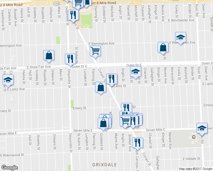 map of restaurants, bars, coffee shops, grocery stores, and more near 19617 Conant Street in Detroit
