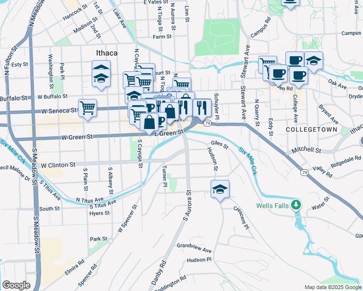 map of restaurants, bars, coffee shops, grocery stores, and more near 222 North Aurora Street in Ithaca