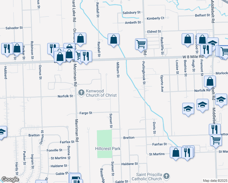 map of restaurants, bars, coffee shops, grocery stores, and more near 20227 Milburn Street in Livonia