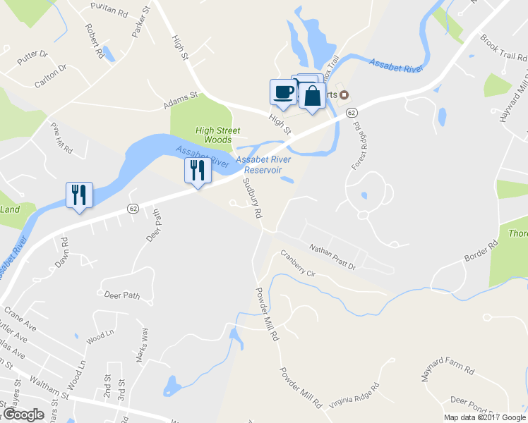 map of restaurants, bars, coffee shops, grocery stores, and more near 30 Sudbury Road in Acton