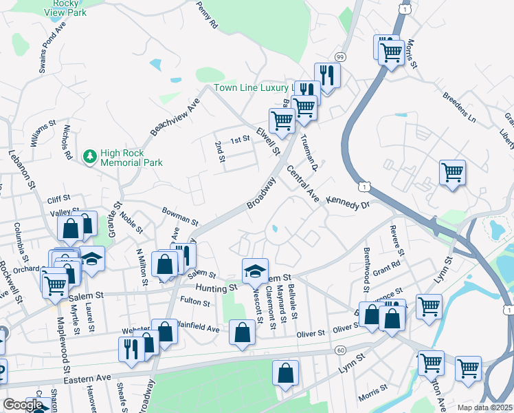 map of restaurants, bars, coffee shops, grocery stores, and more near 495 Broadway in Malden