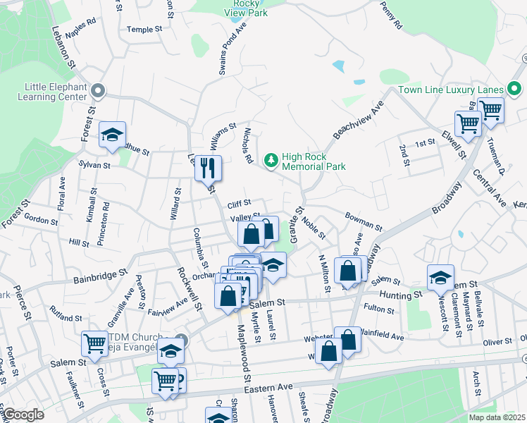 map of restaurants, bars, coffee shops, grocery stores, and more near 75 Cliff Street in Malden