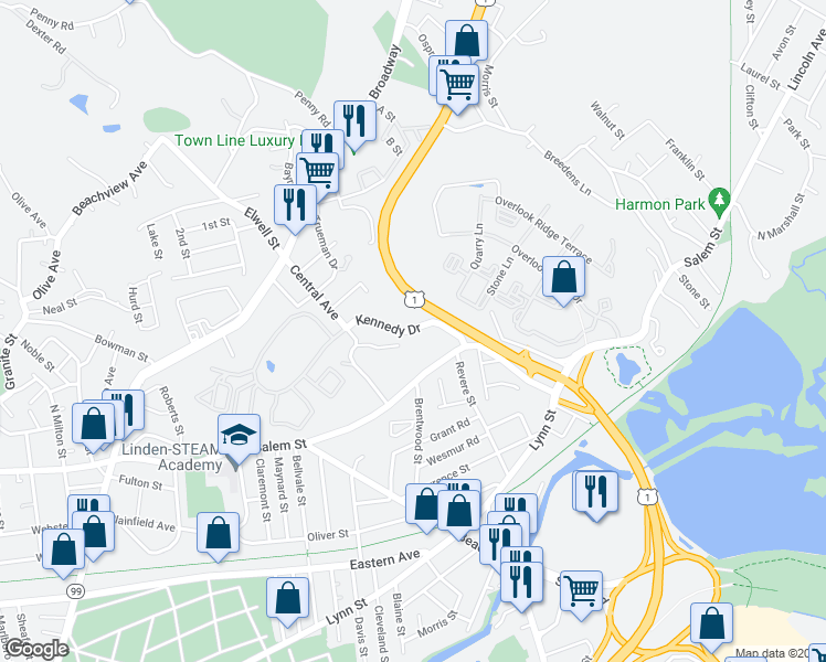 map of restaurants, bars, coffee shops, grocery stores, and more near 60 Kennedy Drive in Malden