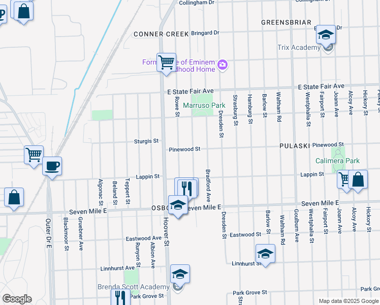 map of restaurants, bars, coffee shops, grocery stores, and more near 19419 Annott Avenue in Detroit