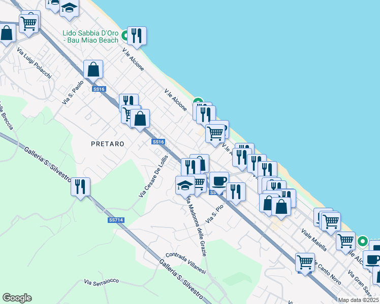 map of restaurants, bars, coffee shops, grocery stores, and more near Viale Monte Velino in Francavilla Al Mare
