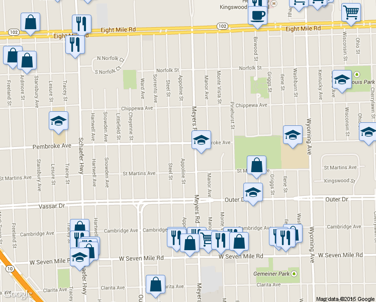 map of restaurants, bars, coffee shops, grocery stores, and more near 19790 Appoline Street in Detroit