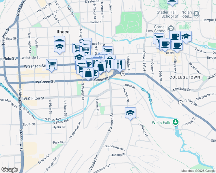map of restaurants, bars, coffee shops, grocery stores, and more near 222 South Aurora Street in Ithaca