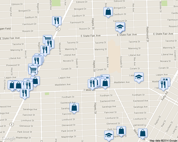 map of restaurants, bars, coffee shops, grocery stores, and more near 15000 Coram Street in Detroit