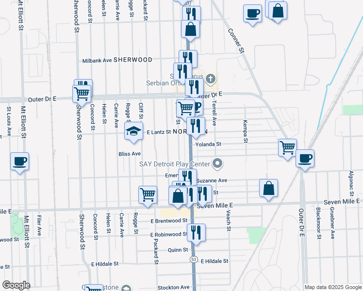 map of restaurants, bars, coffee shops, grocery stores, and more near 19436 Stotter Street in Detroit