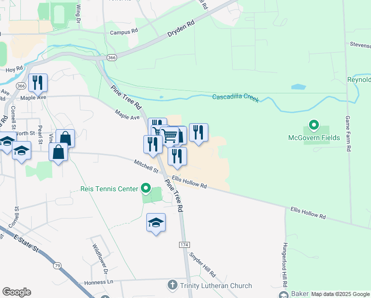 map of restaurants, bars, coffee shops, grocery stores, and more near 377 Pine Tree Road in Ithaca
