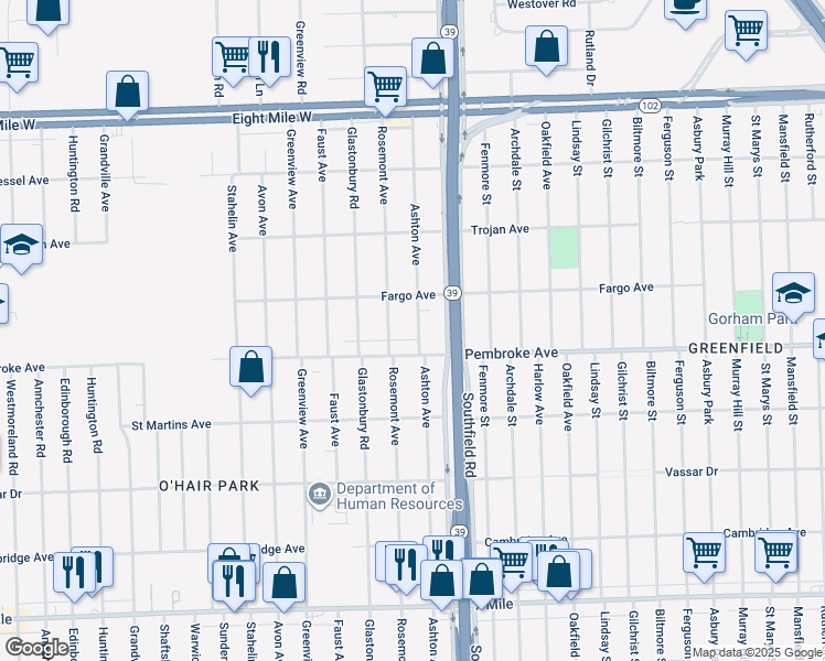 map of restaurants, bars, coffee shops, grocery stores, and more near 19929 Ashton Avenue in Detroit
