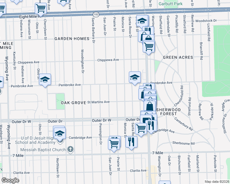map of restaurants, bars, coffee shops, grocery stores, and more near 19769 Prairie Street in Detroit