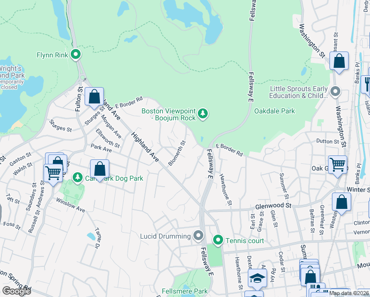 map of restaurants, bars, coffee shops, grocery stores, and more near 59 Blomerth Street in Malden