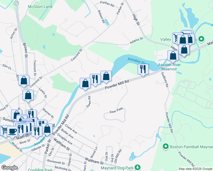 map of restaurants, bars, coffee shops, grocery stores, and more near 94 Powder Mill Road in Maynard