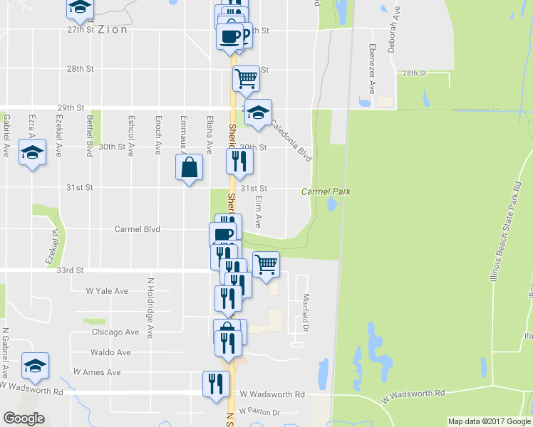 map of restaurants, bars, coffee shops, grocery stores, and more near 3115 Elim Avenue in Zion