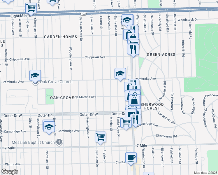 map of restaurants, bars, coffee shops, grocery stores, and more near 19767 Monica Street in Detroit