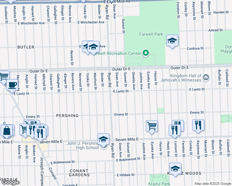 map of restaurants, bars, coffee shops, grocery stores, and more near 19455 Dean Avenue in Detroit