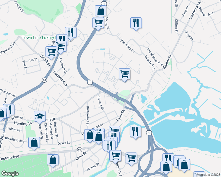map of restaurants, bars, coffee shops, grocery stores, and more near 5 Vining Street in Malden