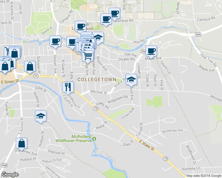 map of restaurants, bars, coffee shops, grocery stores, and more near 104 Ithaca Road in Ithaca