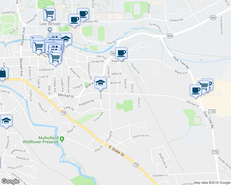 map of restaurants, bars, coffee shops, grocery stores, and more near 610 Mitchell Street in Ithaca