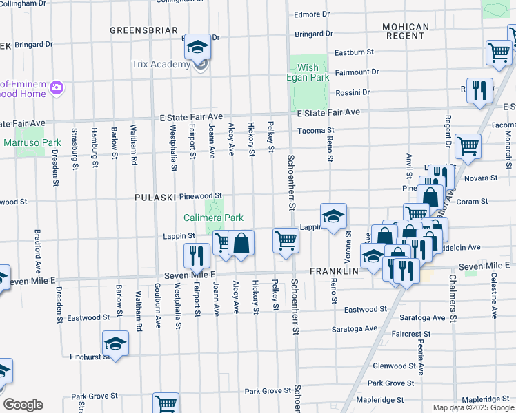 map of restaurants, bars, coffee shops, grocery stores, and more near 19366 Hickory Street in Detroit