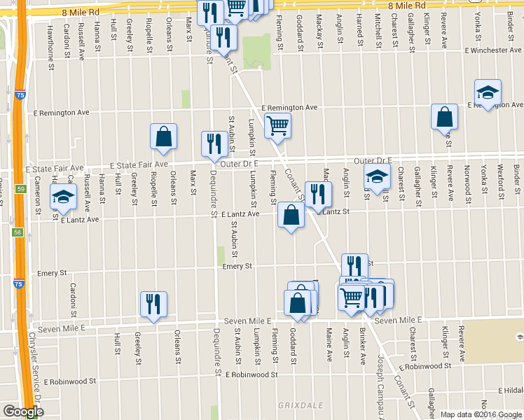 map of restaurants, bars, coffee shops, grocery stores, and more near 19606 Lumpkin Street in Detroit