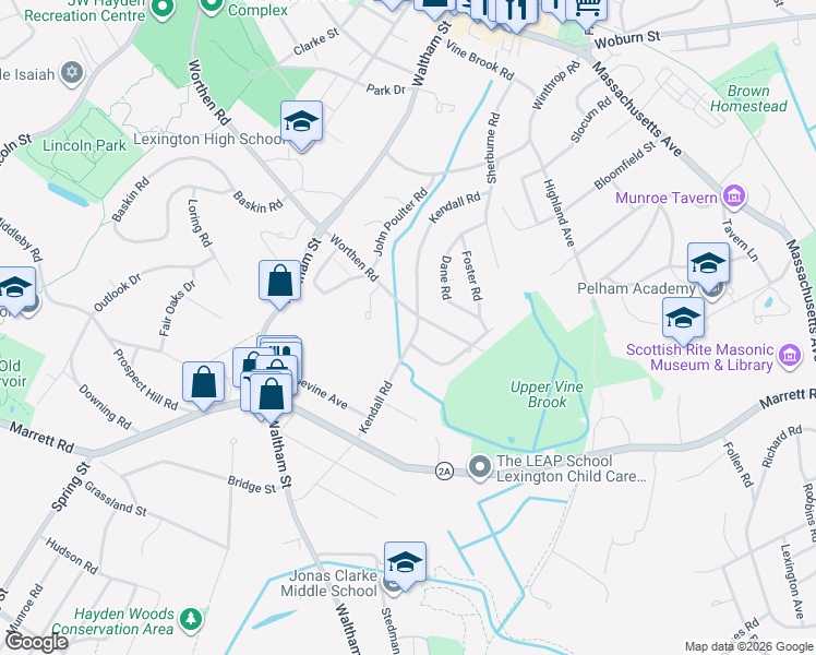 map of restaurants, bars, coffee shops, grocery stores, and more near 96 Kendall Road in Lexington