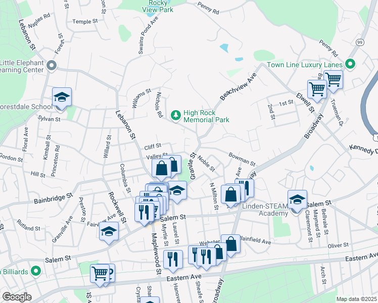 map of restaurants, bars, coffee shops, grocery stores, and more near 86 Valley Street in Malden