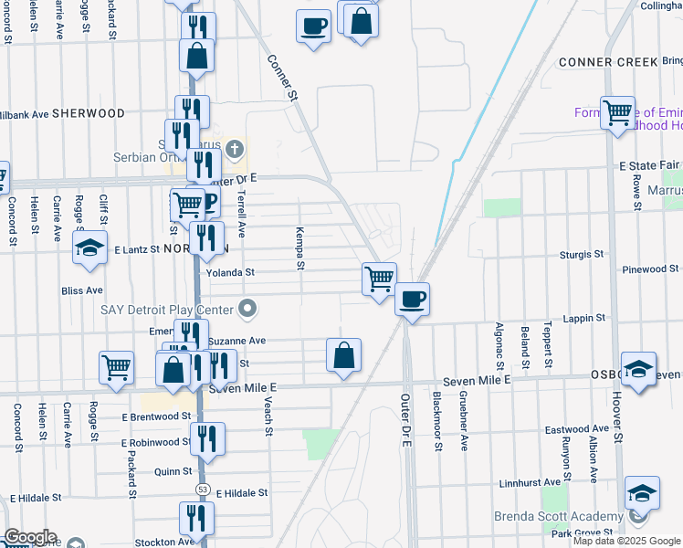 map of restaurants, bars, coffee shops, grocery stores, and more near 8600 Yolanda Street in Detroit