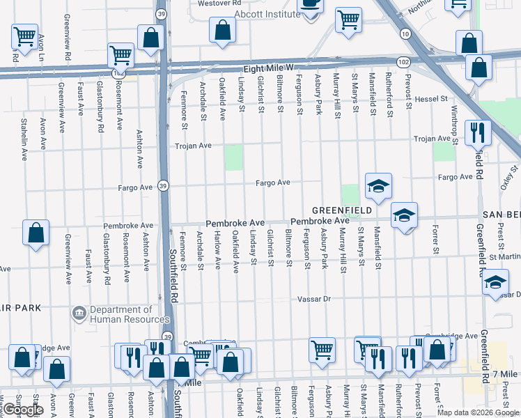 map of restaurants, bars, coffee shops, grocery stores, and more near 19925 Gilchrist Street in Detroit