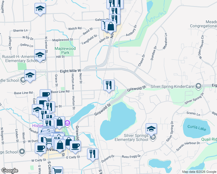 map of restaurants, bars, coffee shops, grocery stores, and more near 665 River Park Village Boulevard in Northville