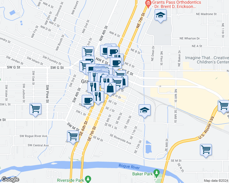 map of restaurants, bars, coffee shops, grocery stores, and more near 240 Southeast H Street in Grants Pass