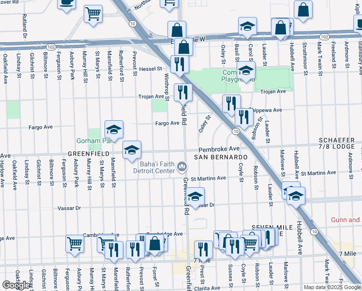 map of restaurants, bars, coffee shops, grocery stores, and more near 19913 Greenfield Road in Detroit