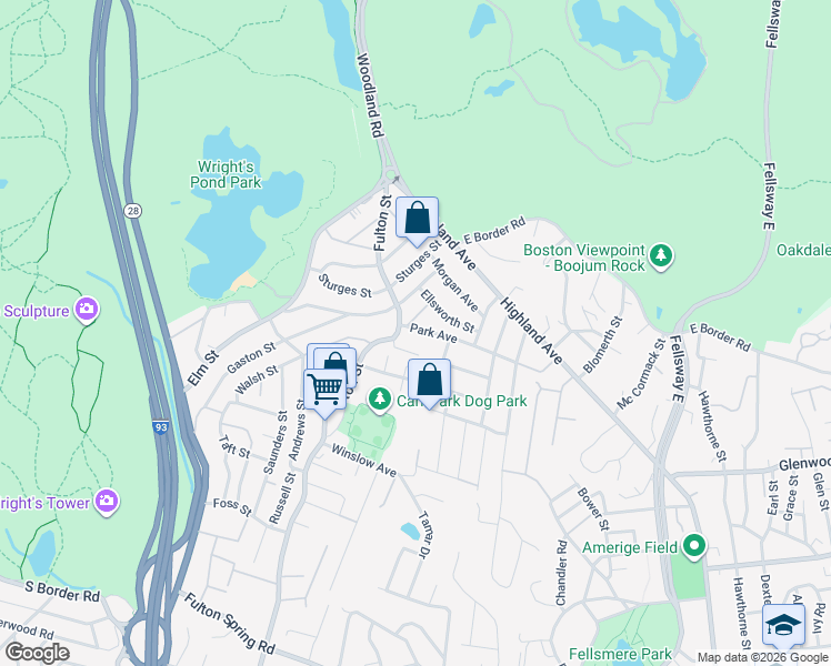 map of restaurants, bars, coffee shops, grocery stores, and more near 17 Park Avenue in Medford