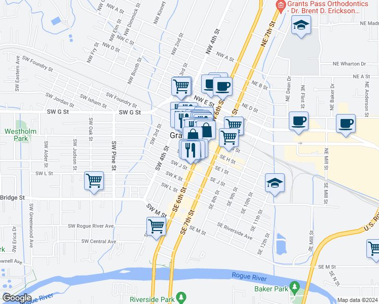 map of restaurants, bars, coffee shops, grocery stores, and more near 128 SW I St in Grants Pass