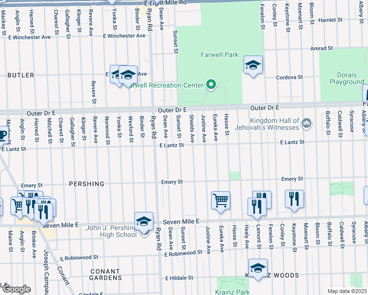 map of restaurants, bars, coffee shops, grocery stores, and more near 19458 Sunset Street in Detroit