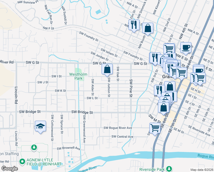map of restaurants, bars, coffee shops, grocery stores, and more near 1003 SW J St in Grants Pass