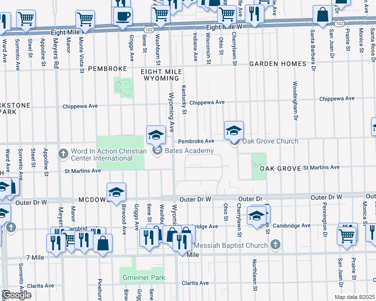 map of restaurants, bars, coffee shops, grocery stores, and more near 19798 Wyoming Avenue in Detroit