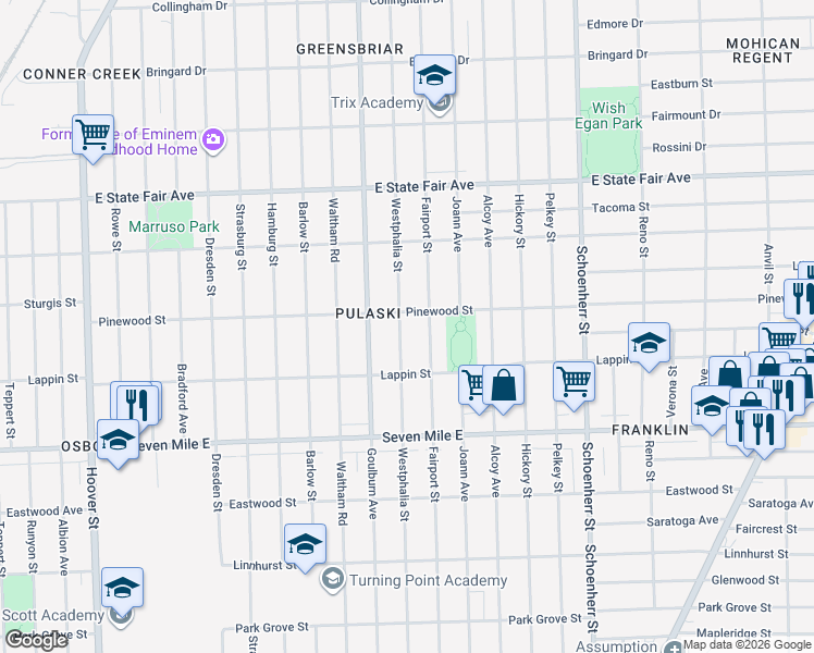 map of restaurants, bars, coffee shops, grocery stores, and more near 19396 Westphalia Street in Detroit