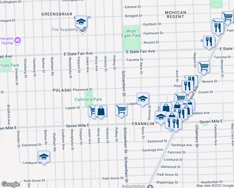 map of restaurants, bars, coffee shops, grocery stores, and more near 19366 Pelkey Street in Detroit