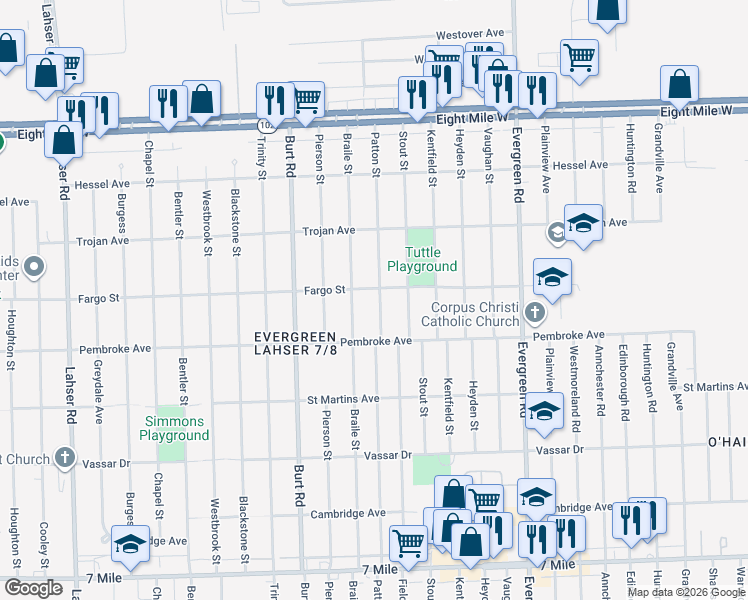 map of restaurants, bars, coffee shops, grocery stores, and more near 19959 Patton Street in Detroit