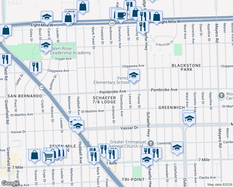 map of restaurants, bars, coffee shops, grocery stores, and more near 19816 Ardmore St in Detroit