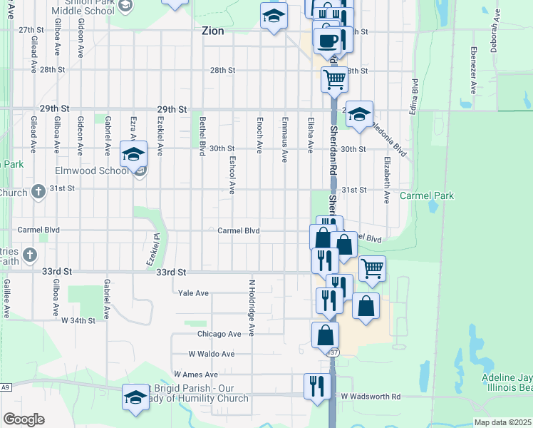 map of restaurants, bars, coffee shops, grocery stores, and more near 3115 Enoch Avenue in Zion