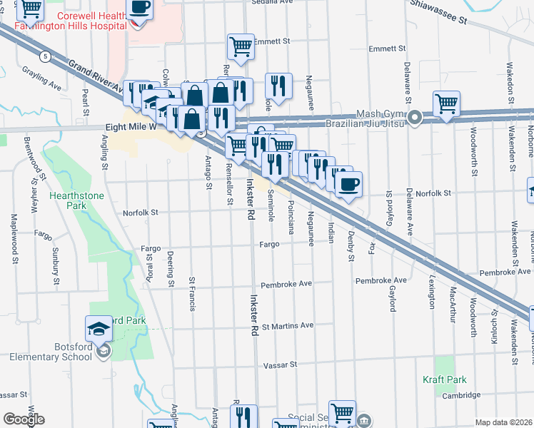 map of restaurants, bars, coffee shops, grocery stores, and more near 20091 Seminole in Redford Charter Township