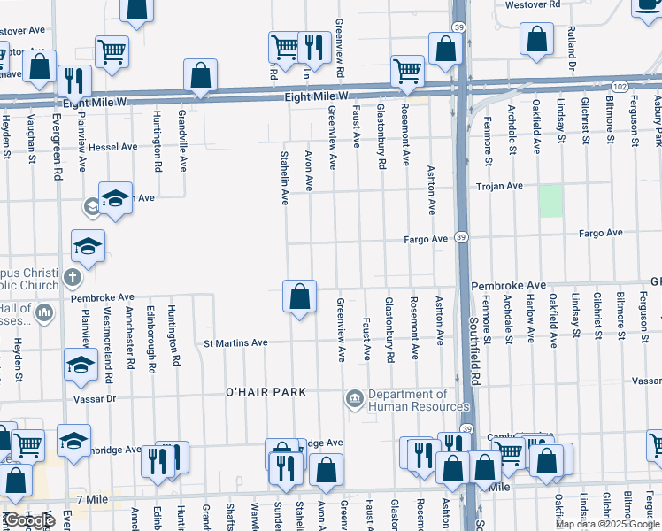 map of restaurants, bars, coffee shops, grocery stores, and more near 19935 Greenview Avenue in Detroit