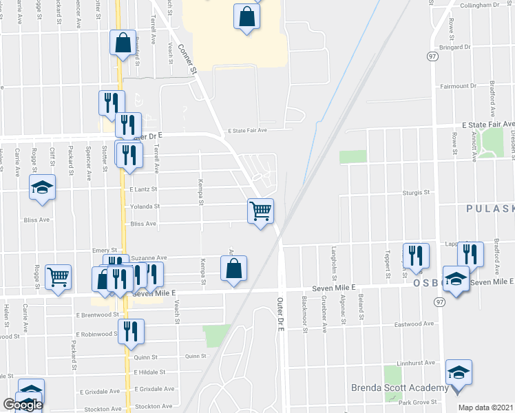 map of restaurants, bars, coffee shops, grocery stores, and more near 5116 Outer Drive East in Detroit